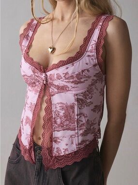 Pink & Burgundy Lace Toile Print Corset Top